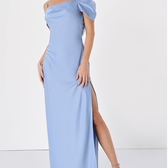 SMALL Light Blue Satin Off the Shoulder Cowl Neck Dress - Picture 1 of 11